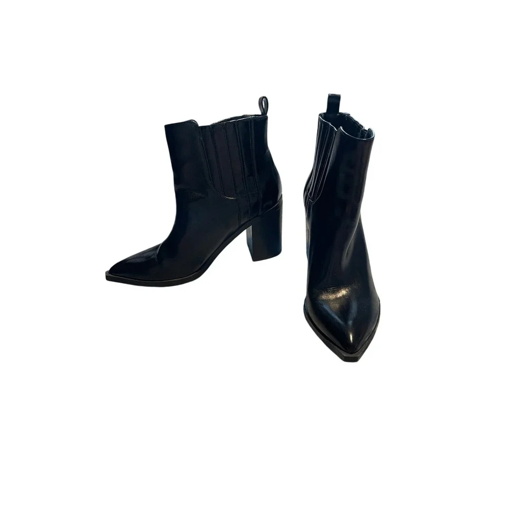 Black Pointed Toe Block Heel Ankle Boots Womens Size 8 Western Booties